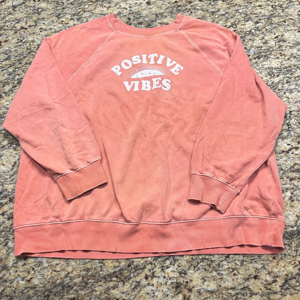 Old Navy Positive Vibes Graphic Sweatshirt Coral Orange Raglan Pullover Womens L